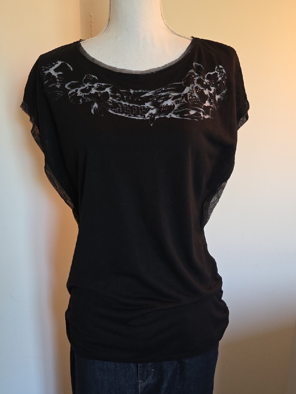 White House Black Market Black Floral Lace-Trim Short Sleeve Top
